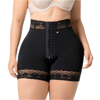Black shapewear with lace details on a white background