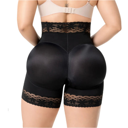 Black shapewear shorts with lace trim on a white background