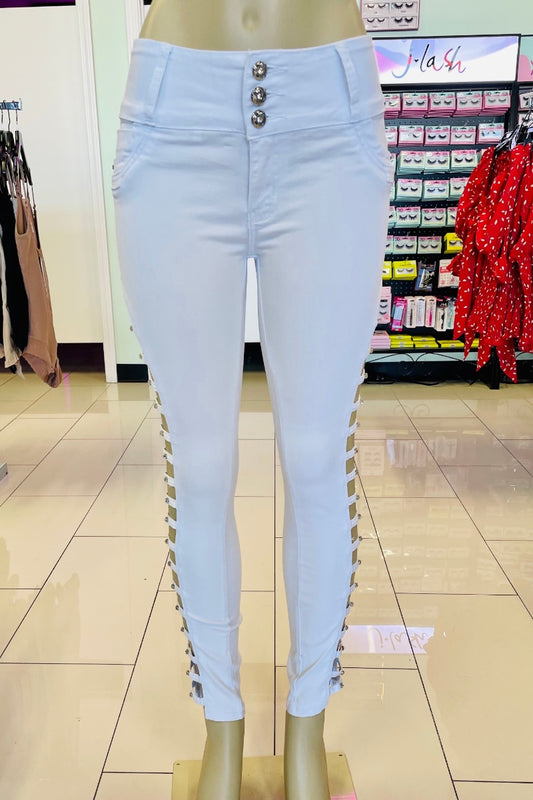 White Skinny Jeans with Side Cutouts 
