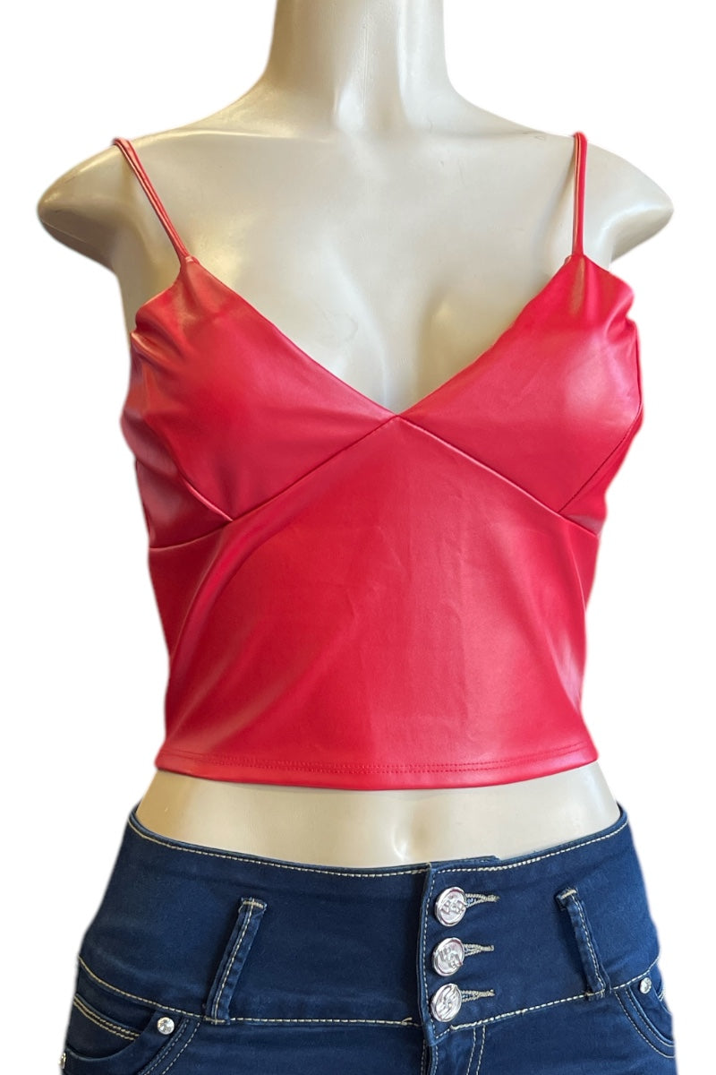 Faux Leather Cami Cropped Top - Red