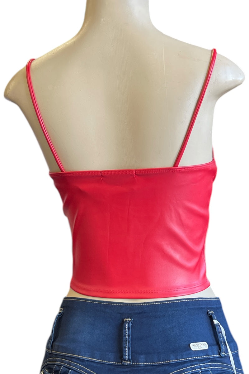 Faux Leather Cami Cropped Top - Red