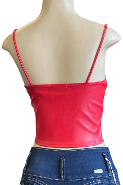Faux Leather Cami Cropped Top - Red