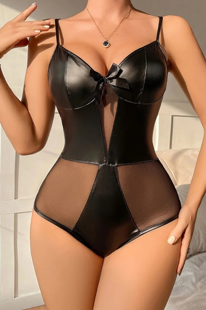 Faux Leather and Mesh Bodysuit Teddy