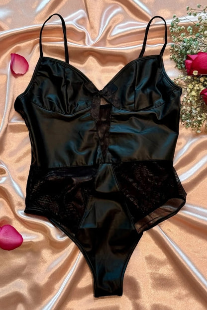 Faux Leather and Mesh Bodysuit Teddy