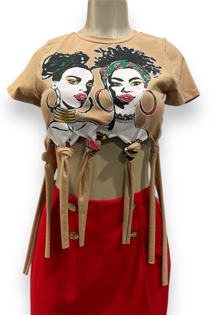 Feminine Beauty Fringe Graphic Tee - Beige