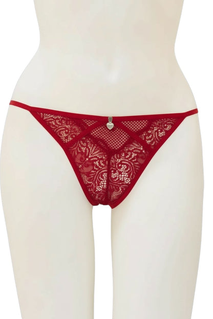 Red lace thong on a mannequin against a white background