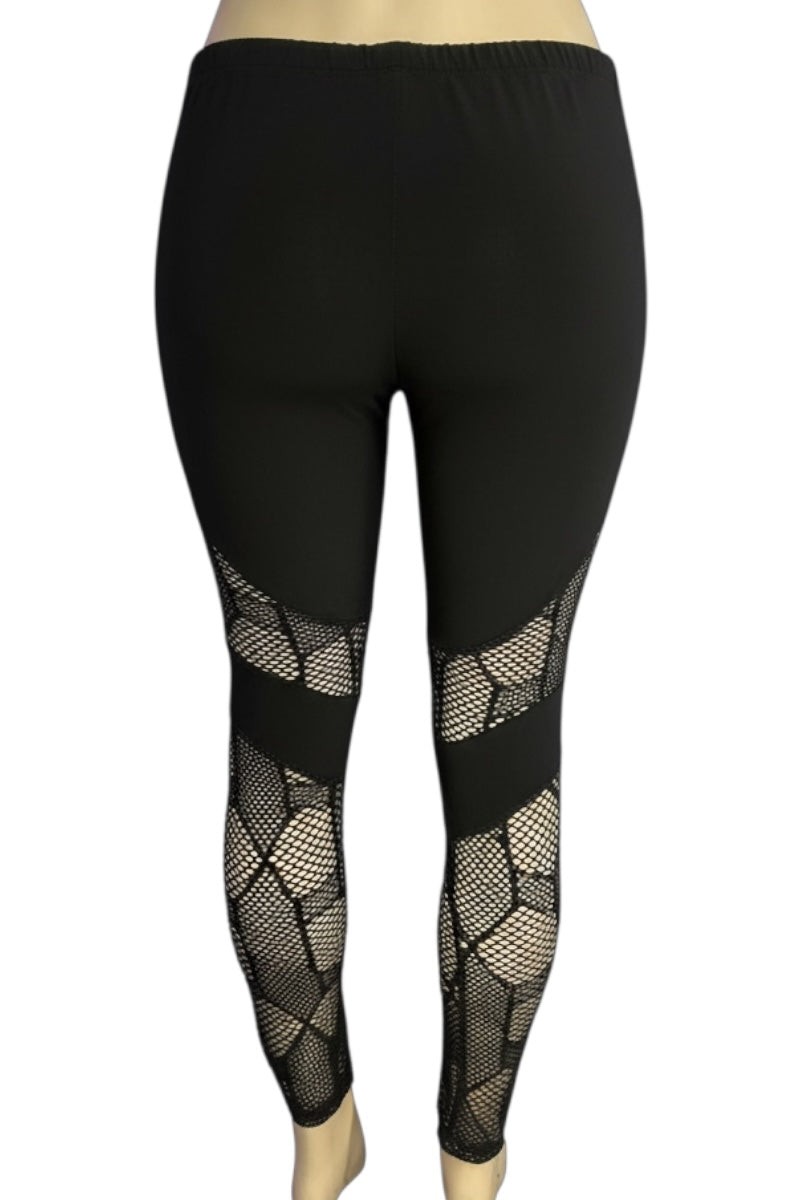 Black leggings with fishnet pattern on a white background