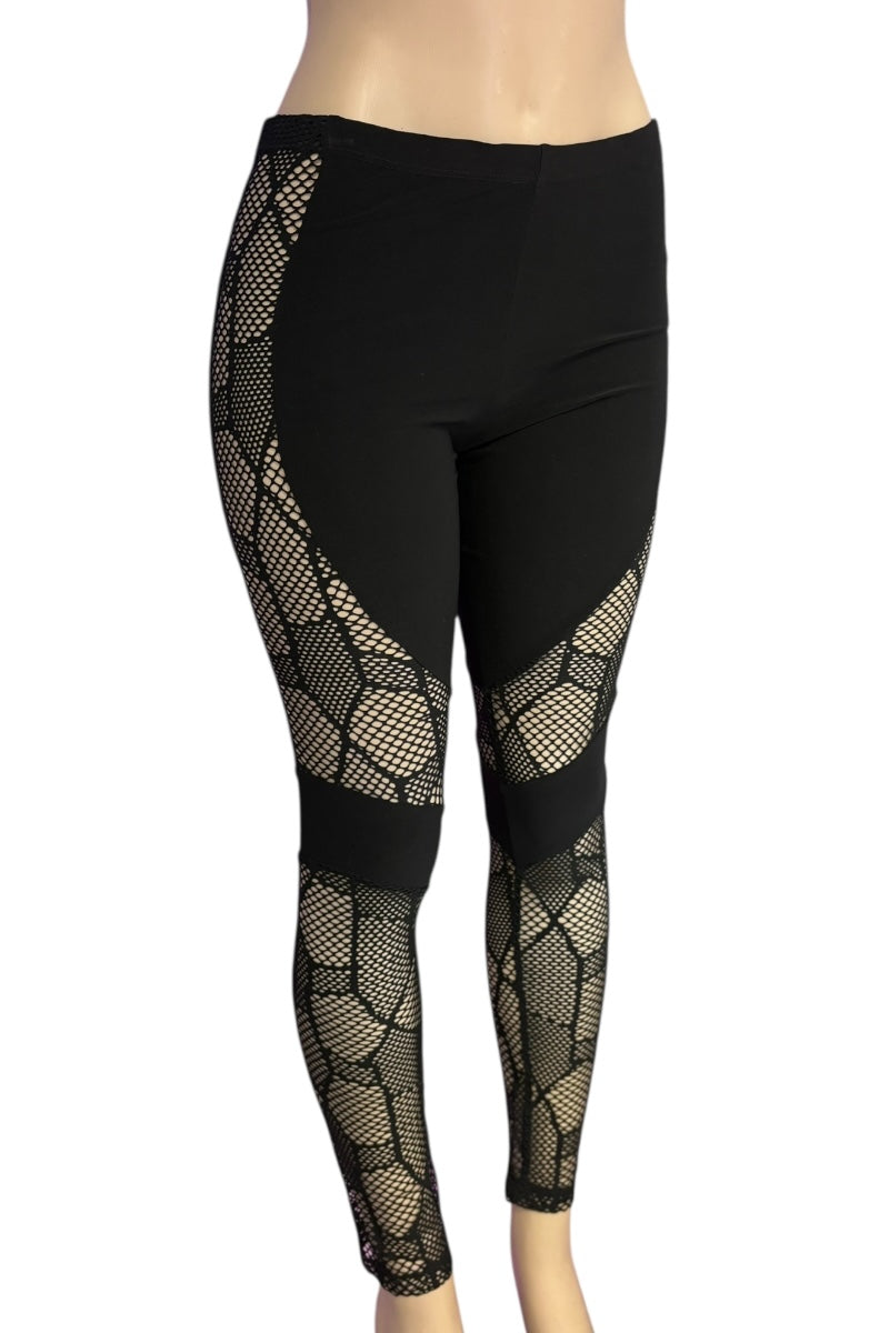 Black leggings with fishnet panels on a white background