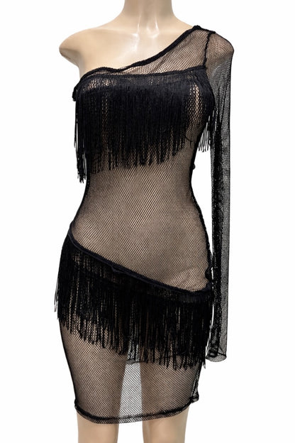 Black fringe dress on a mannequin against a white background