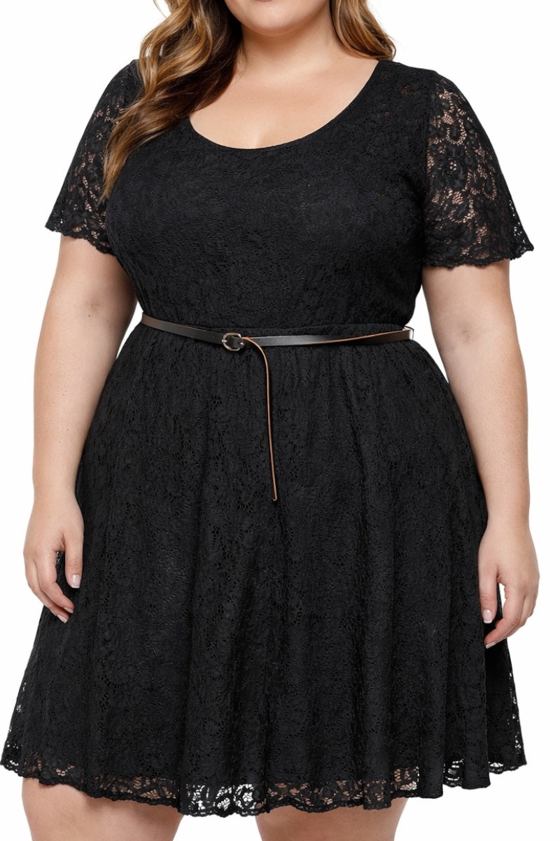 Black lace dress with a belt on a white background