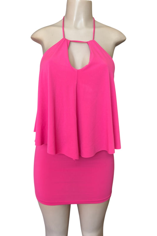 Pink halter neck dress on a mannequin against a white background