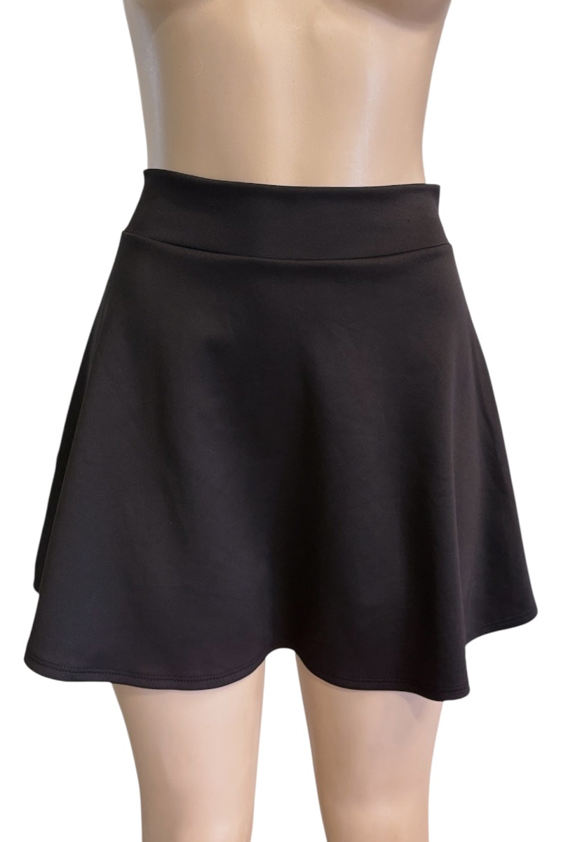 A black flared mini skirt displayed on a mannequin torso against a plain white background.