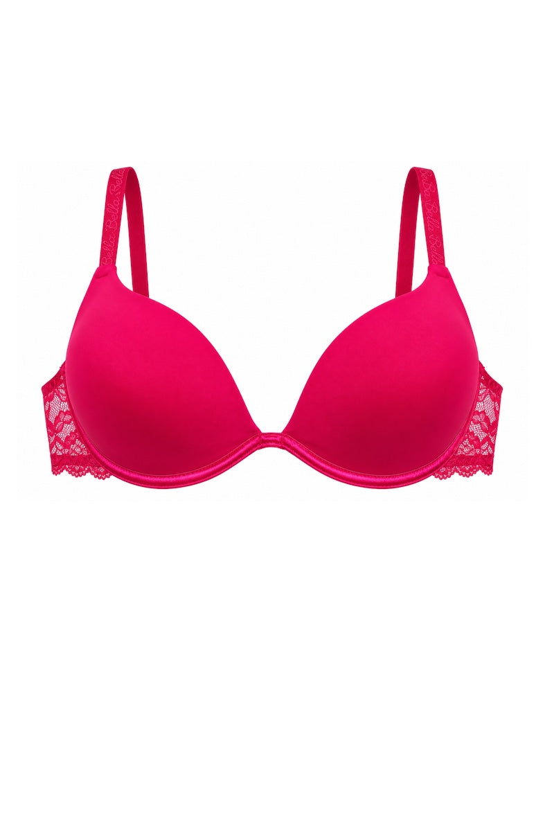 A bright pink molded-cup bra with thin shoulder straps and delicate lace trim along the underband, shown against a plain white background.