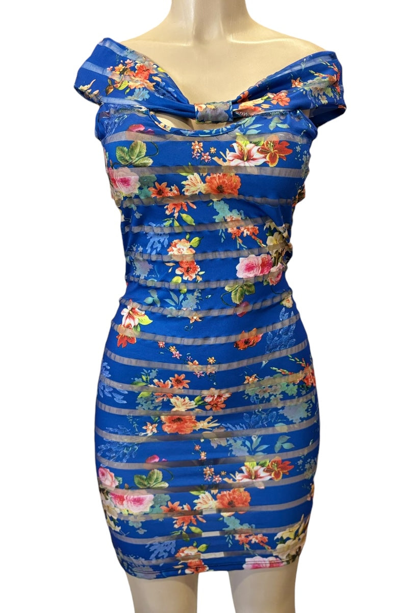 Blue floral dress on a mannequin against a white background