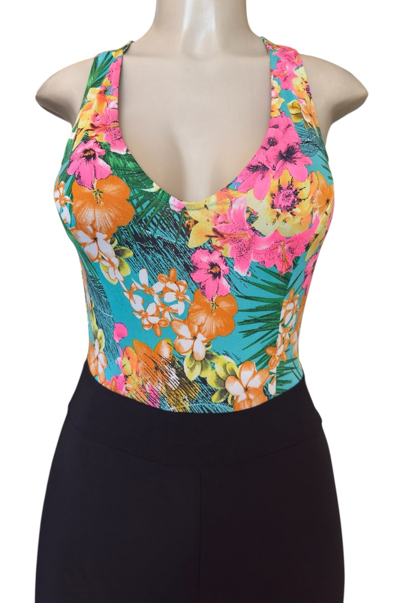 Colorful floral bodice jumpsuit on a mannequin with a white background