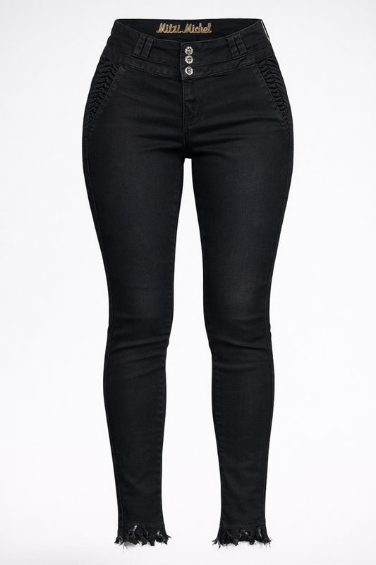 Black jeans with frayed hems on a white background