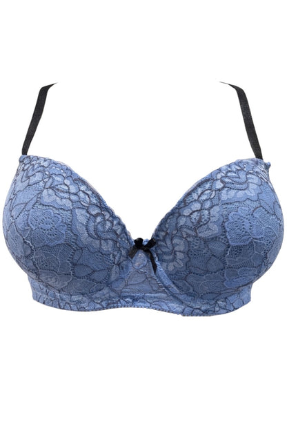 Blue lace bra on a white background