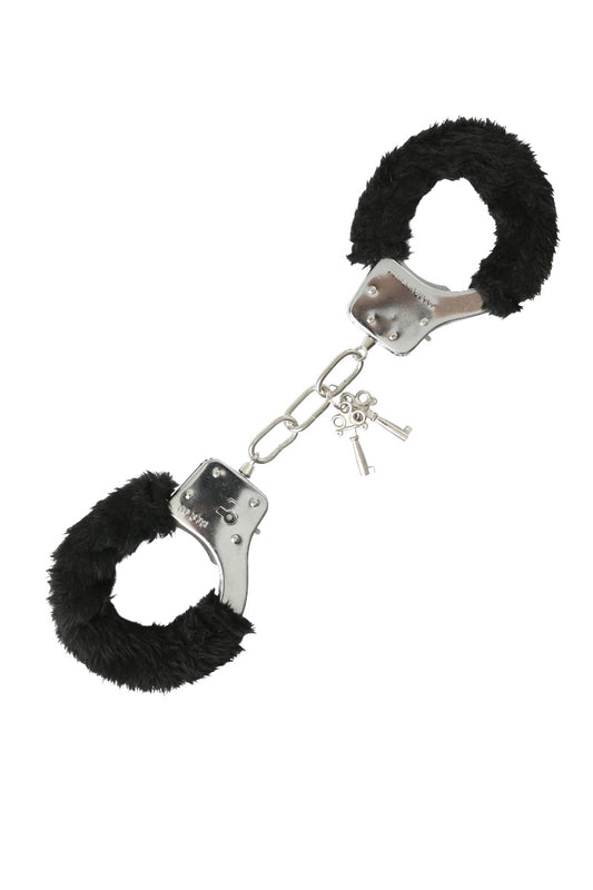 Black furry handcuffs with metal links on a white background
