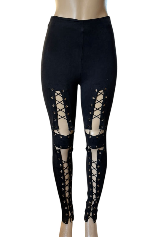 Black leggings with lace-up design on a white background