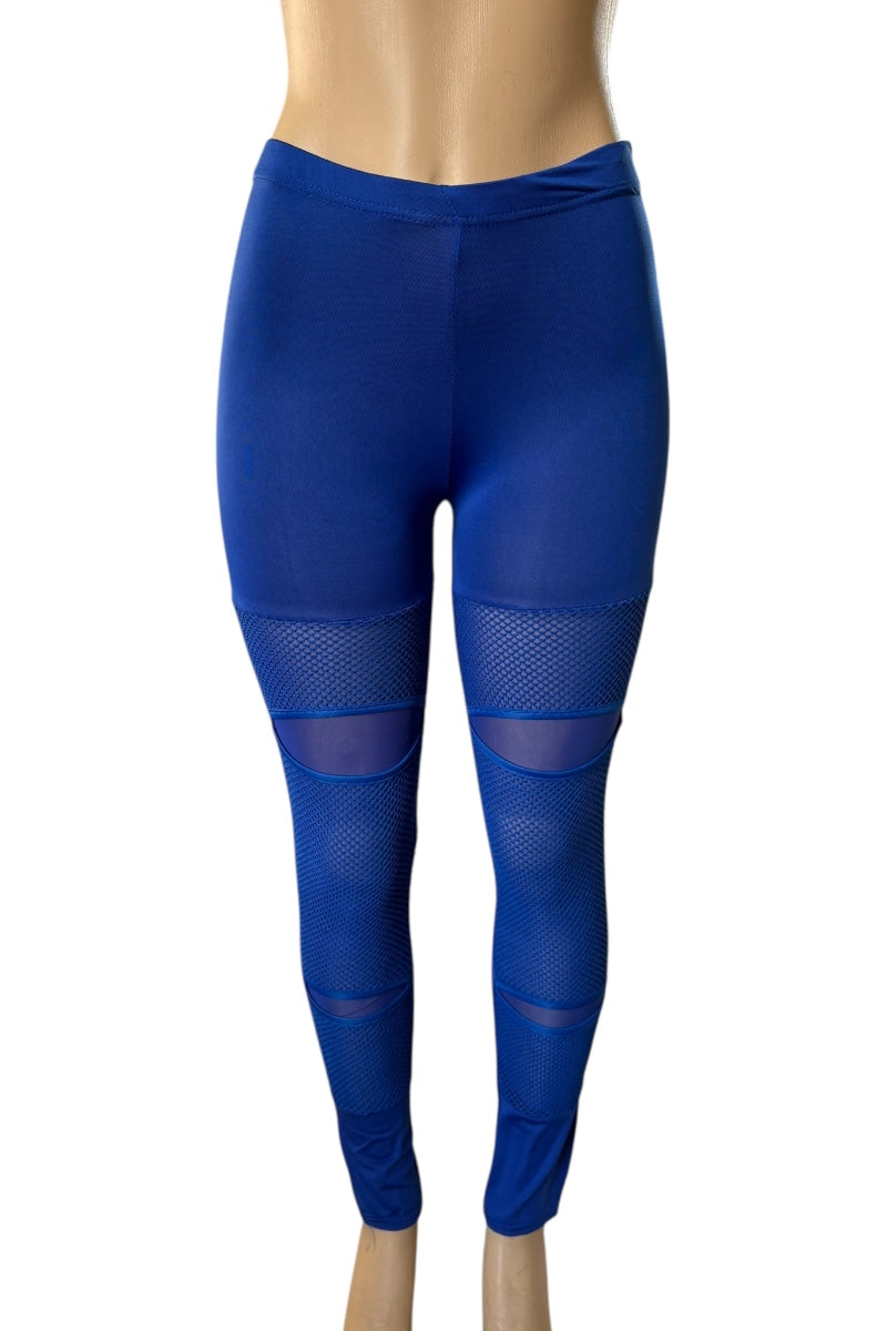 Blue leggings with mesh panels on a white background