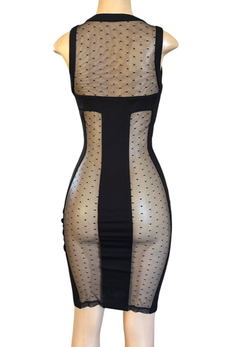 Black mesh dress on a mannequin with a white background