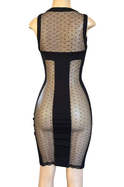 Black mesh dress on a mannequin with a white background