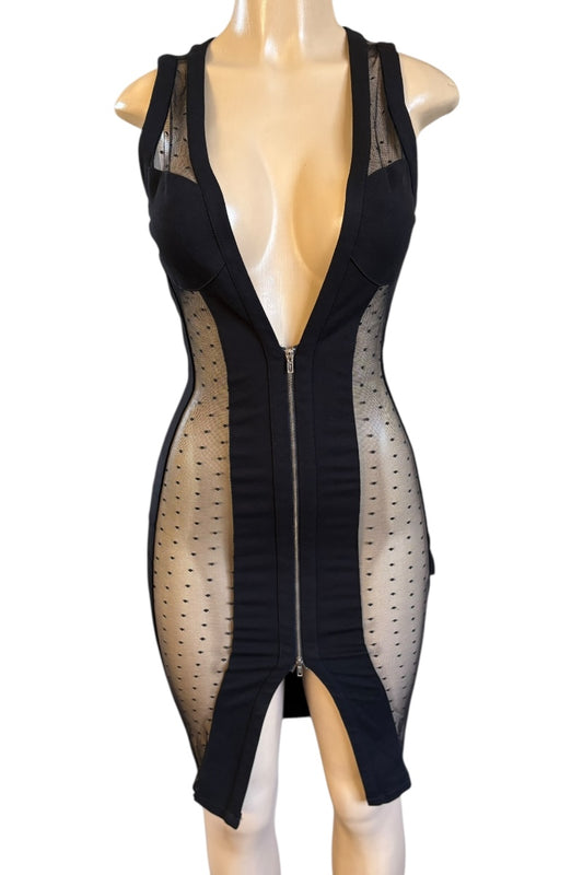 Black mesh dress on a mannequin against a white background