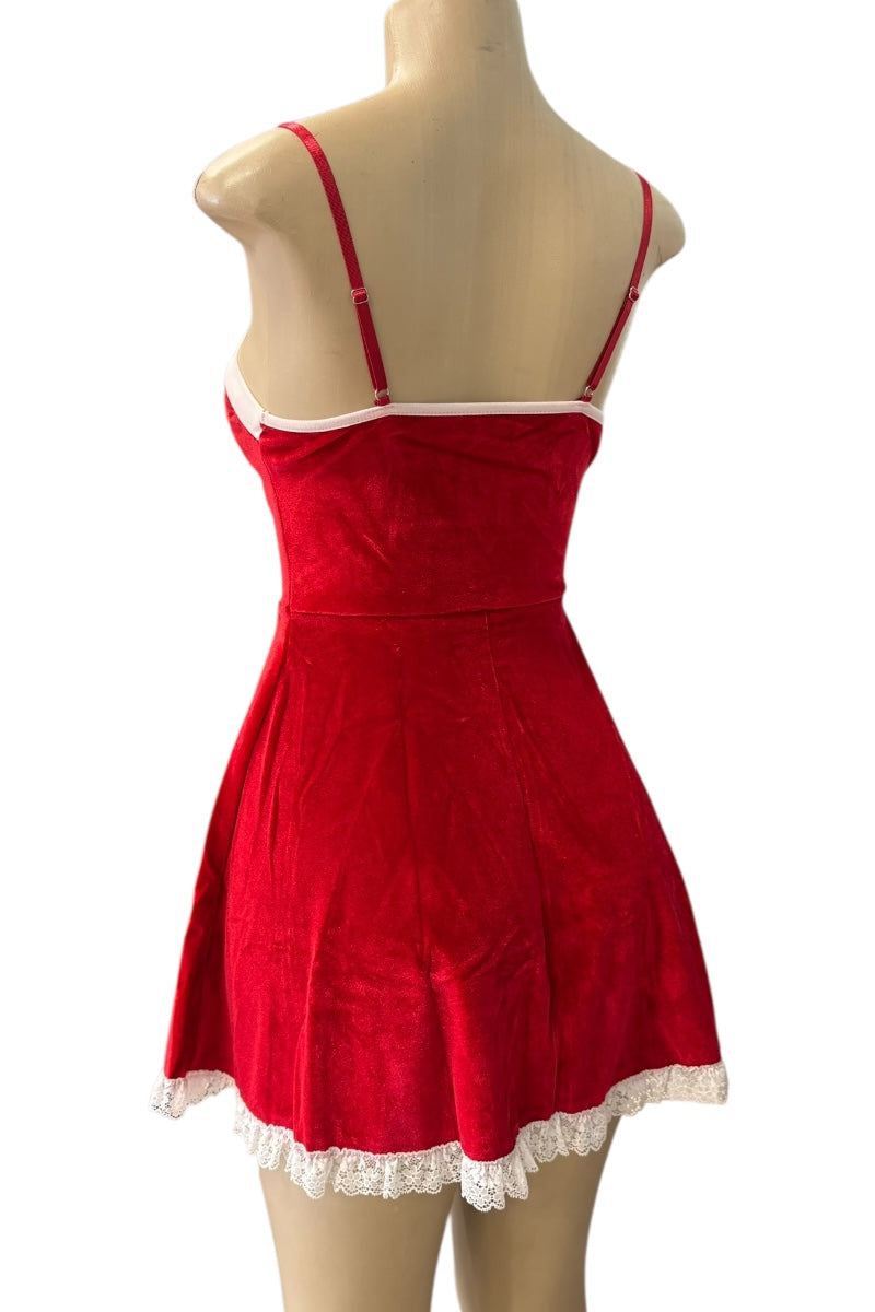 Red dress with white lace trim on a mannequin against a white background
