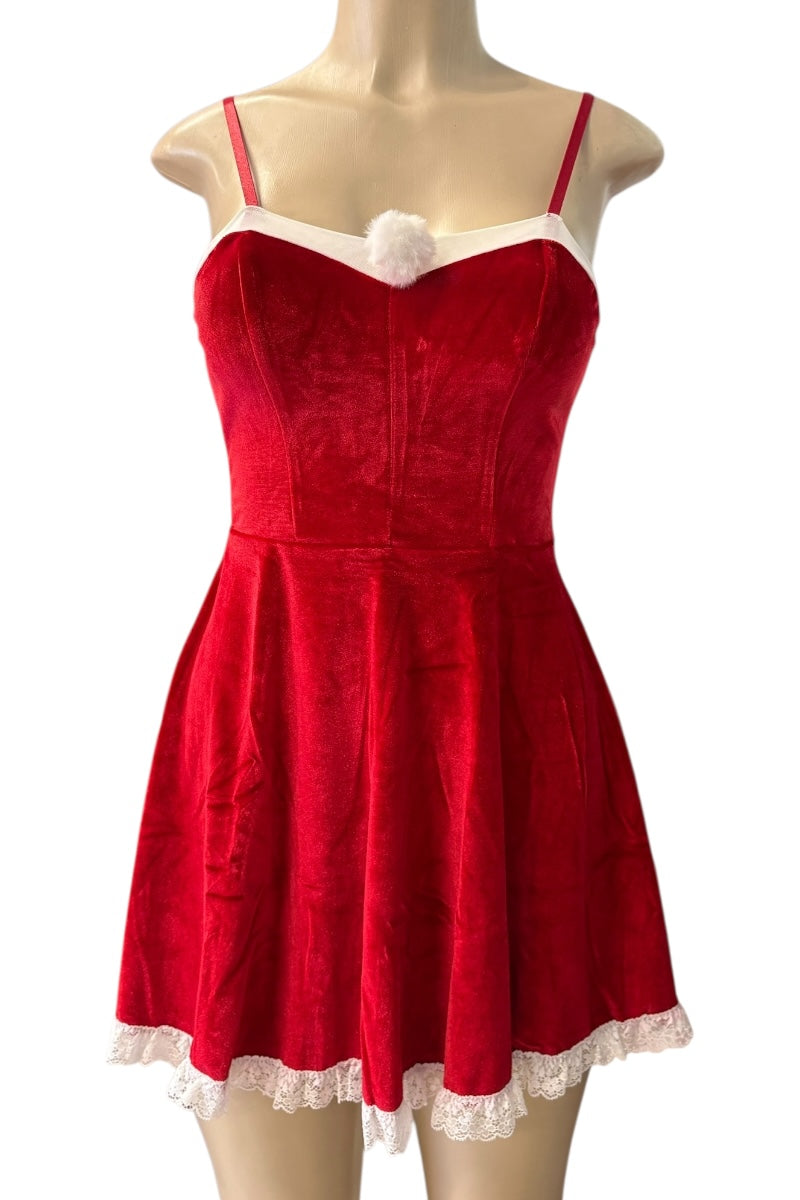 Red dress with lace trim on a mannequin against a white background