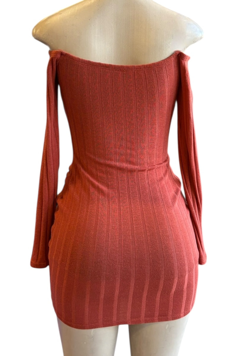 rust off-shoulder dress on a mannequin against a white background