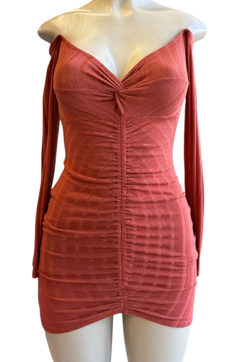 rust dress on a mannequin against a white background