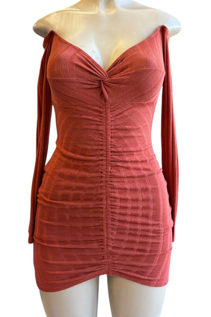 rust dress on a mannequin against a white background