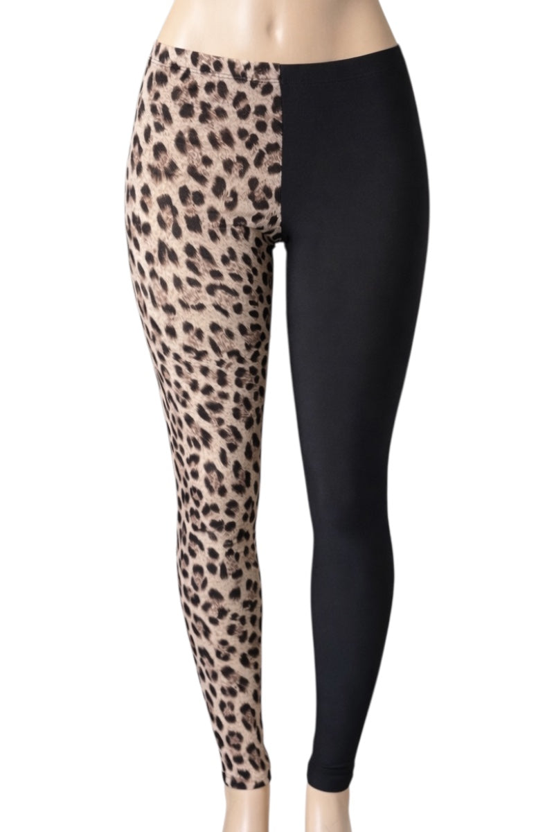 Leopard print and black leggings on a white background