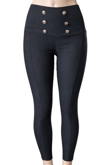 Black leggings with button details on a white background