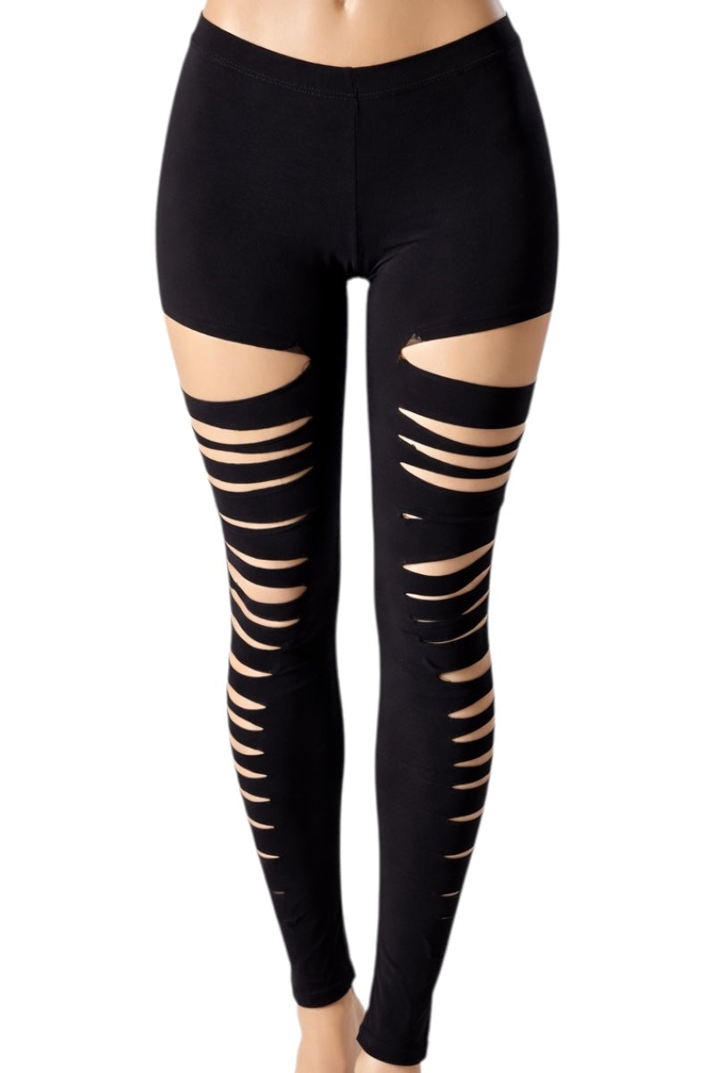 Black leggings with cut-out design on a white background