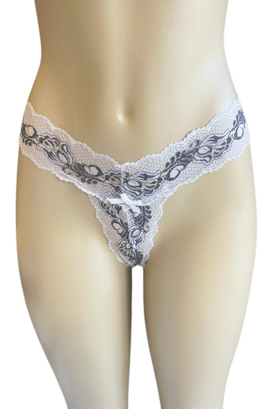 Lace thong on a mannequin against a white background