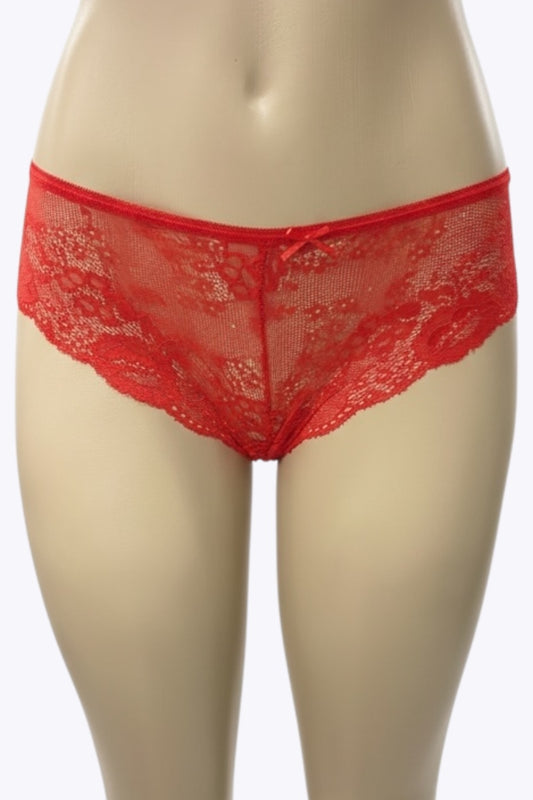 Red lace underwear on a mannequin against a white background