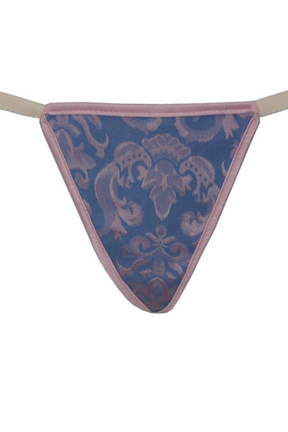 Triangular thong with blue and pink floral pattern on a white background