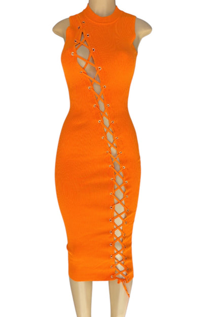 Orange dress with cut-out design on a white background