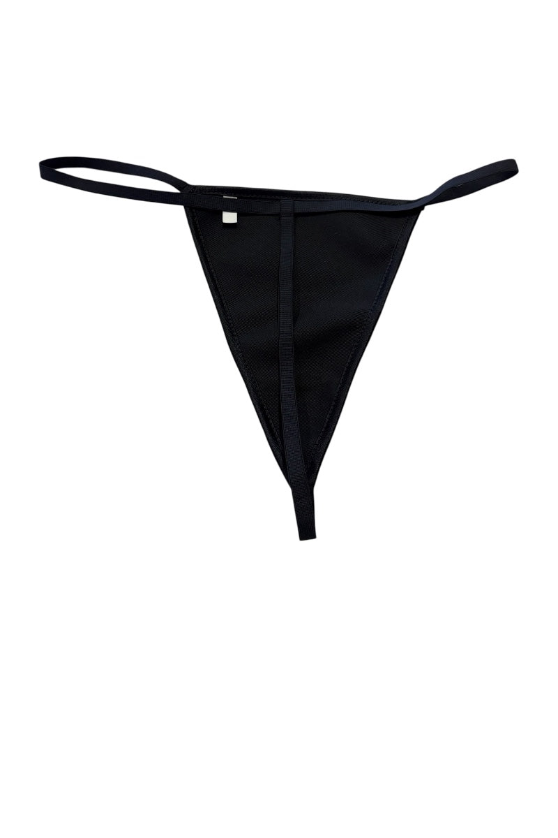 A black g-string thong with a thin waistband and a long center strap hanging down, shown against a plain white background.