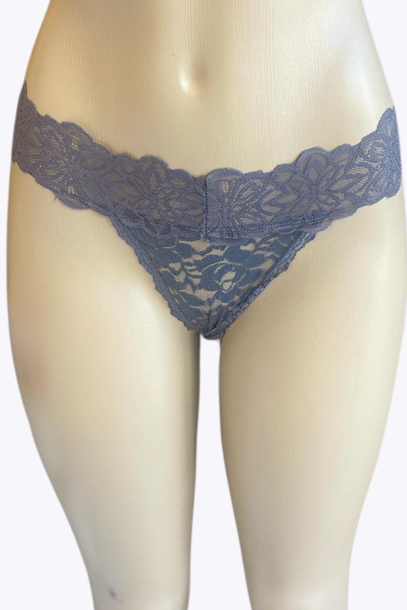 charcoal lace thong on a mannequin against a white background