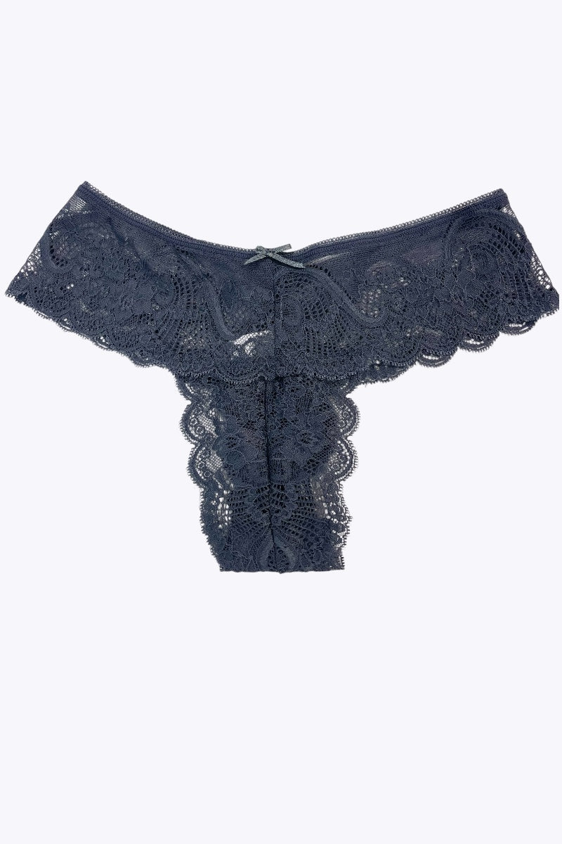 dark blue lace thong on a white background
