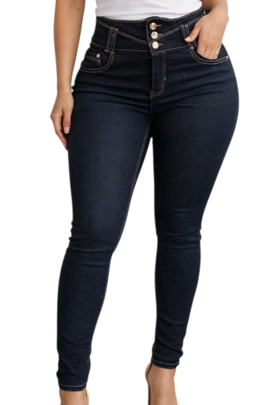 Black jeans worn by a person on a white background