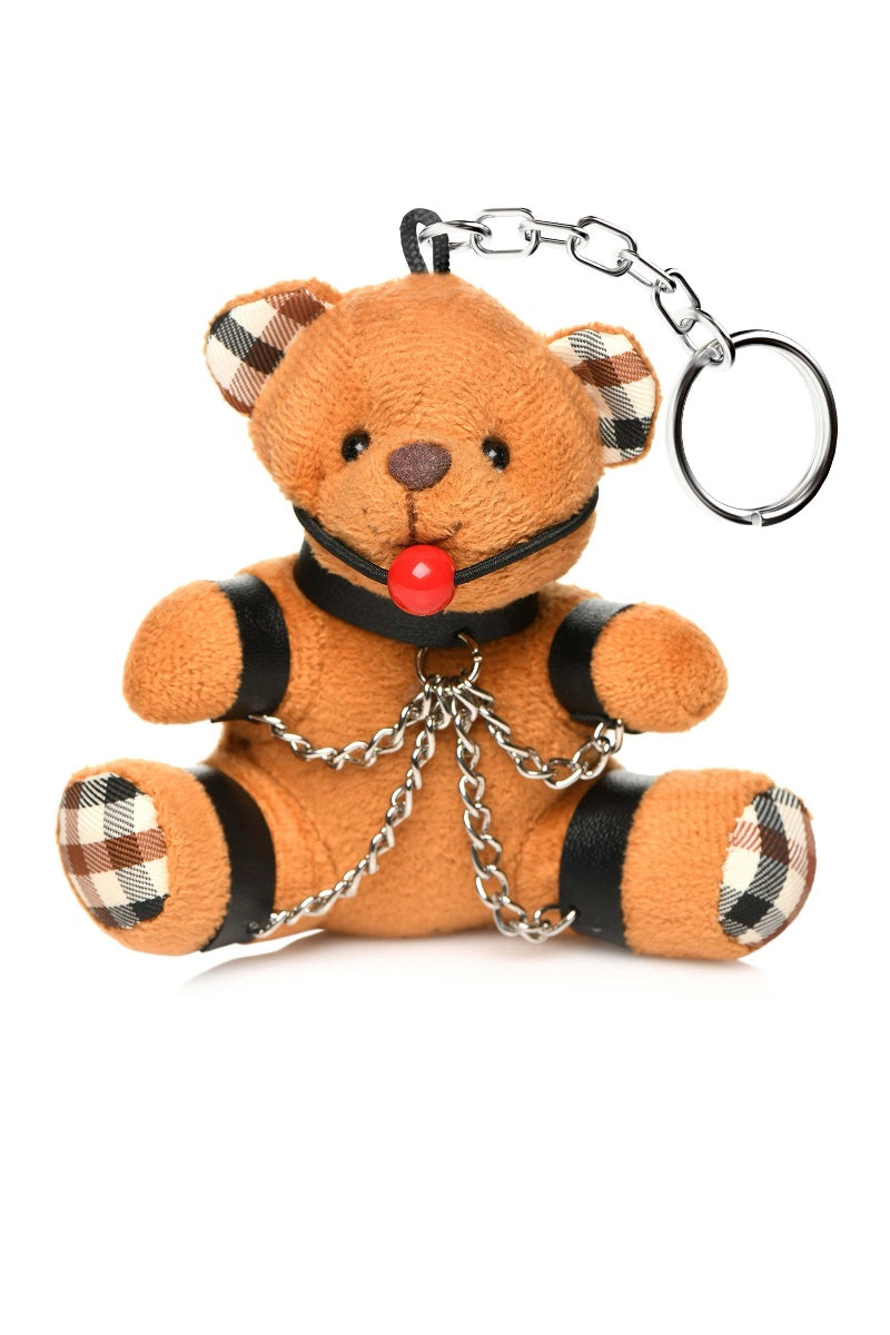 Plush teddy bear keychain with a chain on a white background