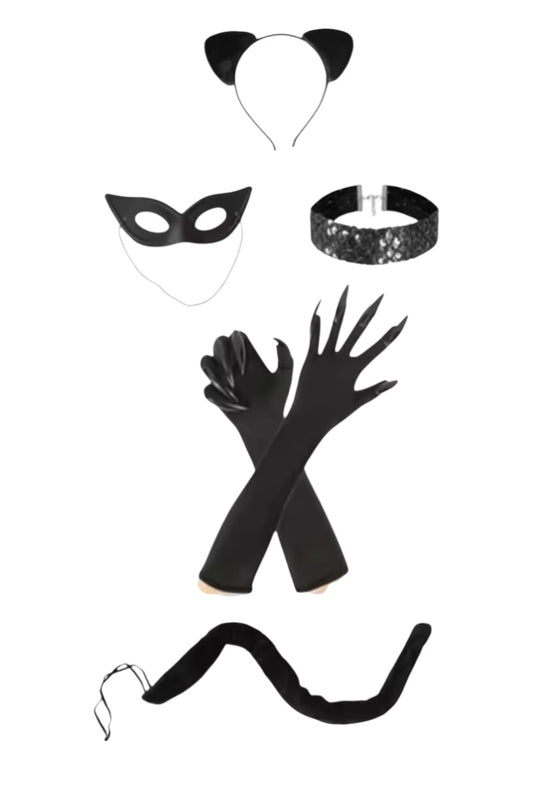 Black cat-themed costume accessories including a mask, headband, gloves, and tail on a white background.