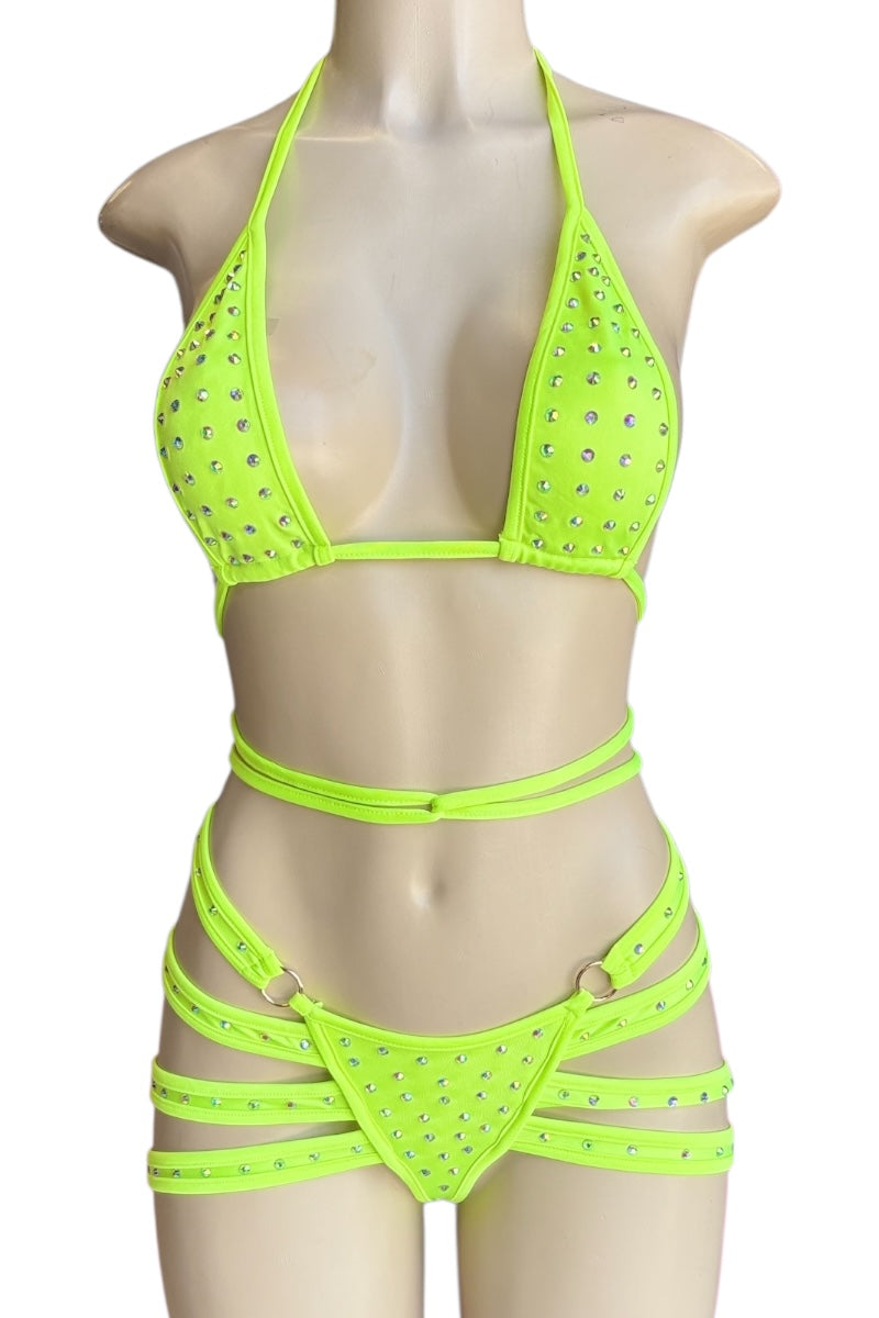 Neon yellow bikini set with rhinestone details on a mannequin against a white background