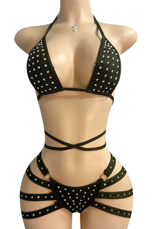 Black bikini set with rhinestone details on a mannequin against a white background