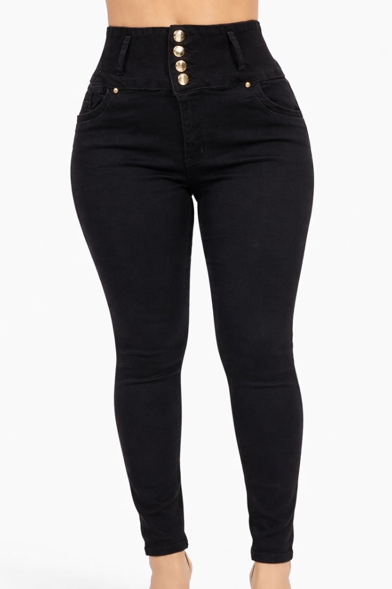 Black high-waisted jeans with gold button details on a white background