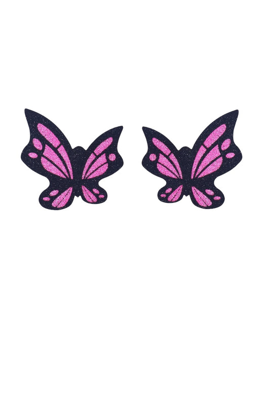 Pair of butterfly-shaped pasties with pink centers on a white background