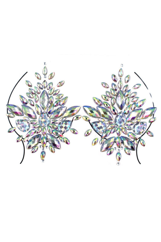 Pair of decorative pasties with multicolored gemstones on a white background